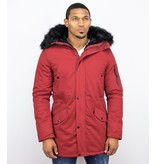 Enos Winterjacke Herren - Langer Parka mit Kunstfell Kragen - Kunstfellkragen - Army / Bordeaux Rot