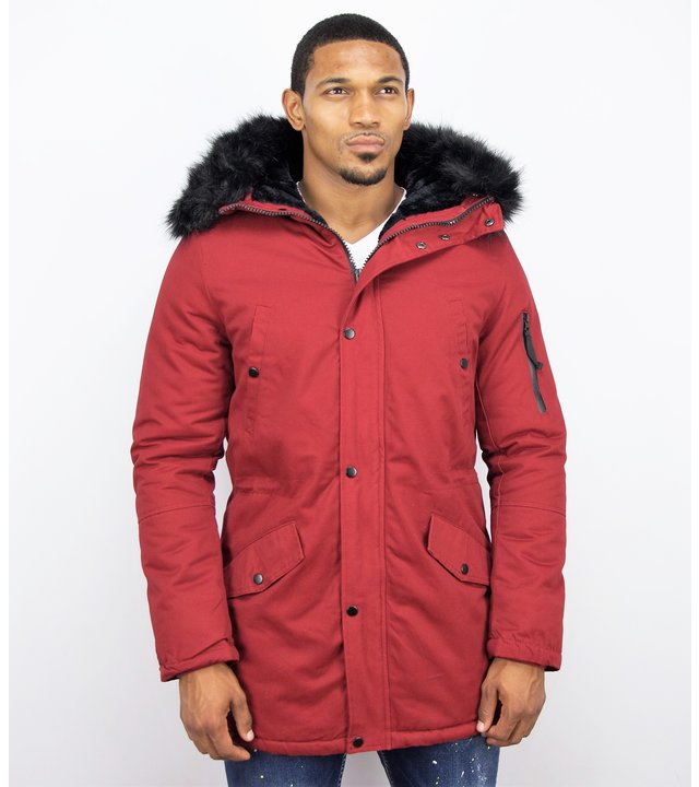 Enos Winterjacke Herren - Langer Parka mit Kunstfell Kragen - Kunstfellkragen - Army / Bordeaux Rot