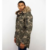 Enos Winterjacke Herren - Langer Parka mit Kunstfell Kragen - Kunstfellkragen - Camouflage Grün