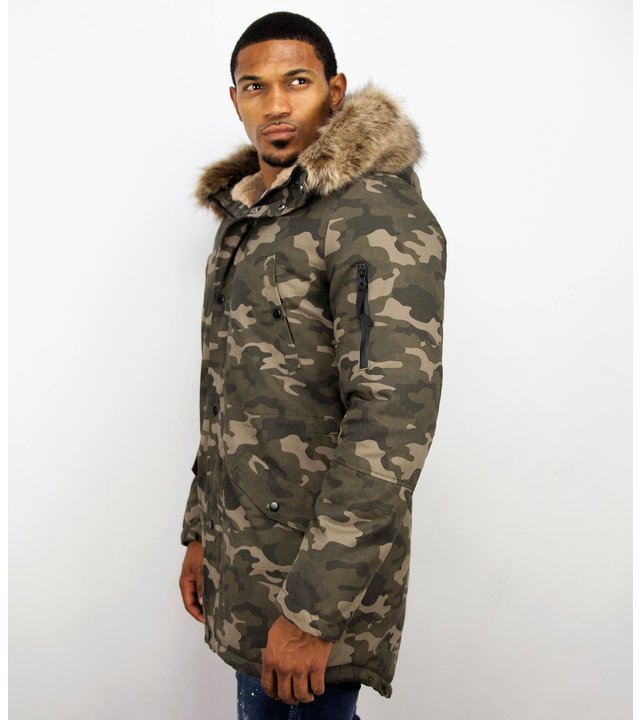 Enos Winterjacke Herren - Langer Parka mit Kunstfell Kragen - Kunstfellkragen - Camouflage Grün