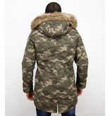 Enos Winterjacke Herren - Langer Parka mit Kunstfell Kragen - Kunstfellkragen - Camouflage Grün