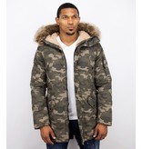 Enos Winterjacke Herren - Langer Parka mit Kunstfell Kragen - Kunstfellkragen - Camouflage Grün