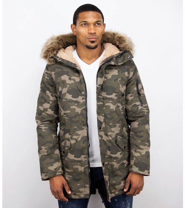 Enos Winterjacke Herren - Langer Parka mit Kunstfell Kragen - Kunstfellkragen - Camouflage Grün