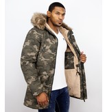 Enos Winterjacke Herren - Langer Parka mit Kunstfell Kragen - Kunstfellkragen - Camouflage Grün