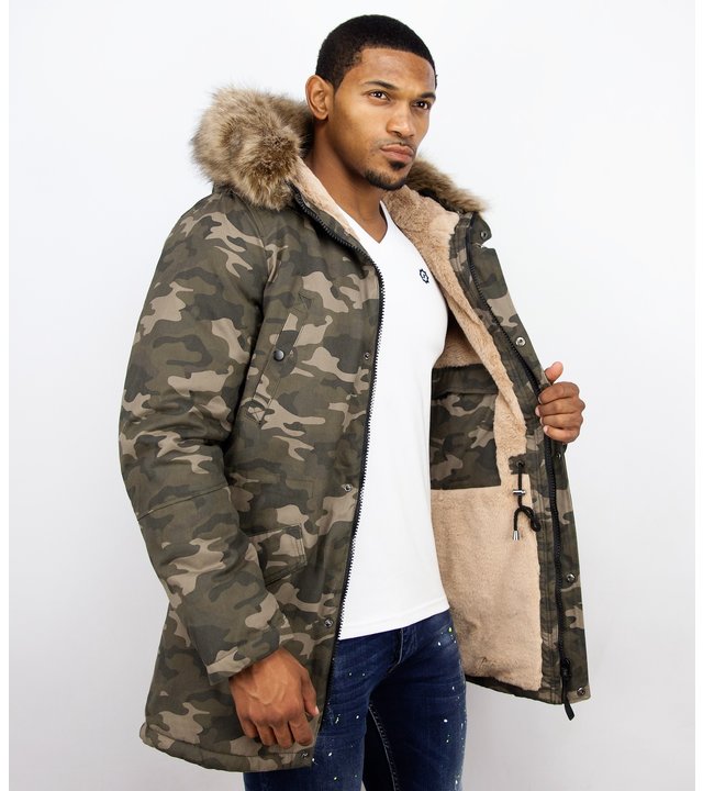 Enos Winterjacke Herren - Langer Parka mit Kunstfell Kragen - Kunstfellkragen - Camouflage Grün