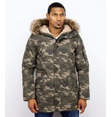 Enos Winterjacke Herren - Langer Parka mit Kunstfell Kragen - Kunstfellkragen - Camouflage Grün