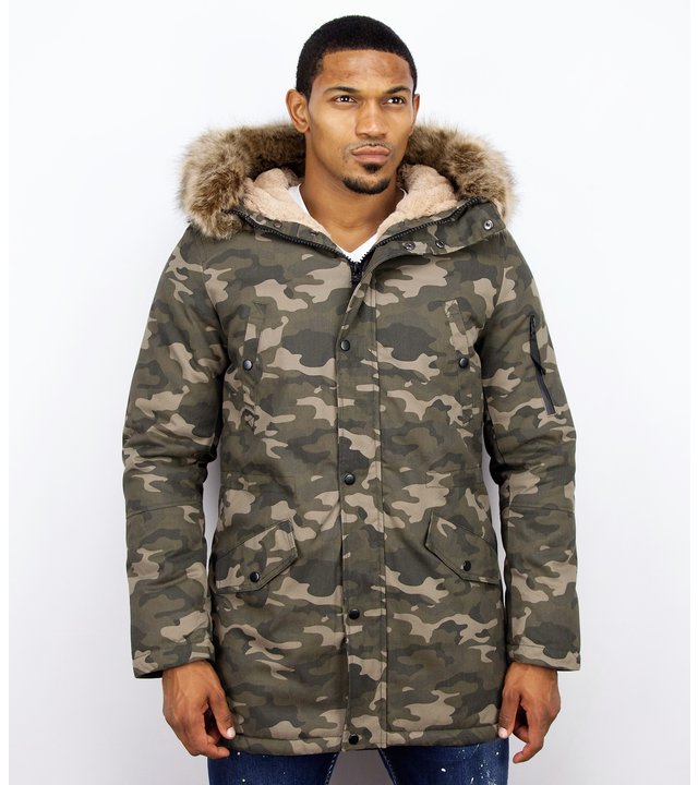 Enos Winterjacke Herren - Langer Parka mit Kunstfell Kragen - Kunstfellkragen - Camouflage Grün