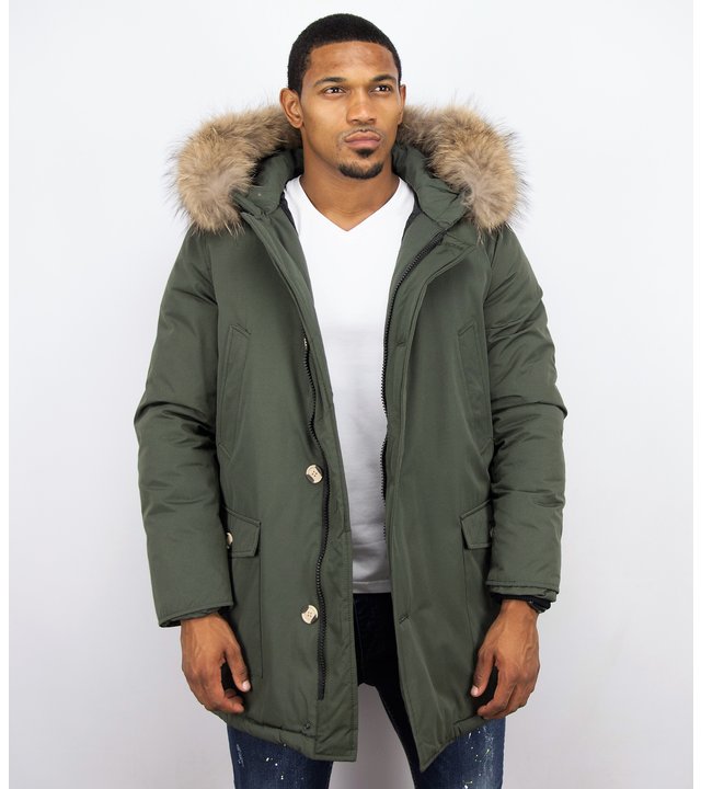 Enos Winterjacke Herren - Parka Lang  mit Fellkragen - Grün