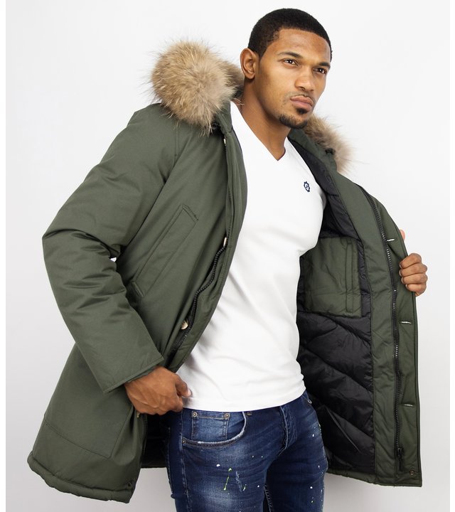 Enos Winterjacke Herren - Parka Lang  mit Fellkragen - Grün