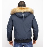 Enos Winterjacke Herren - Kurze Jacke mit Fellkragen - Großer Pelzkragen - Blau