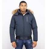 Enos Winterjacke Herren - Kurze Jacke mit Fellkragen - Großer Pelzkragen - Blau