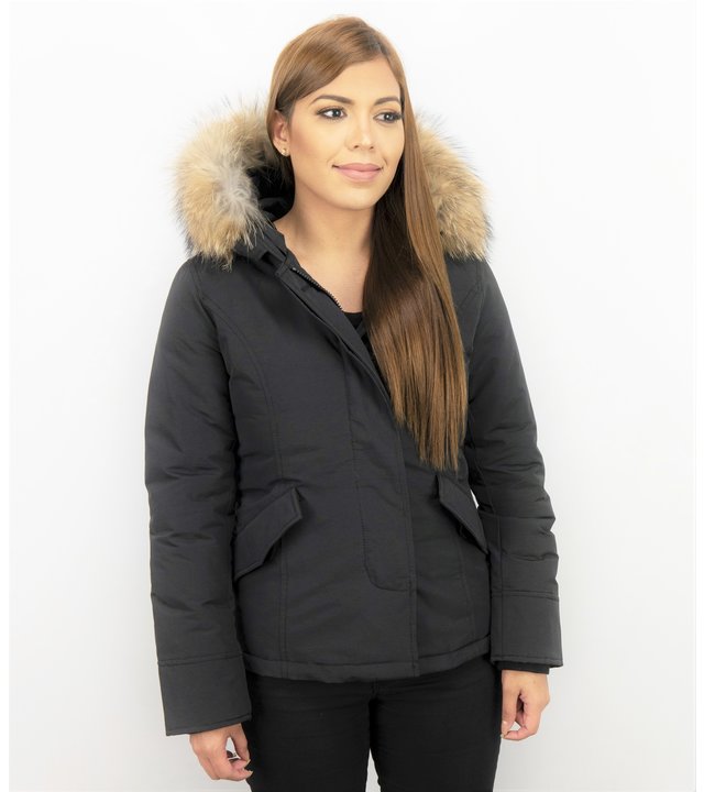 TheBrand Jacke mit Fellkragen - Kurze Winterjacke Damen - Schwarz