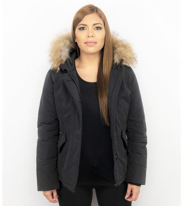 TheBrand Jacke mit Fellkragen - Kurze Winterjacke Damen - Schwarz