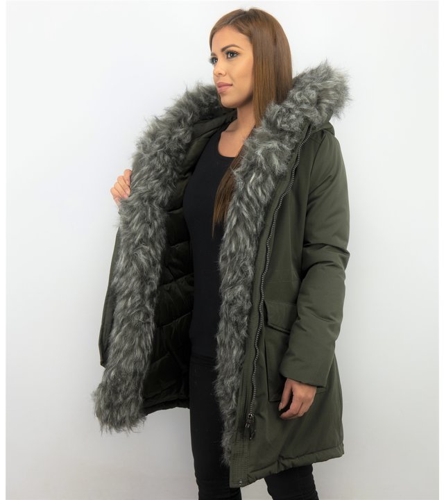 Macleria Winterjacke mit Kunstfell - Damen Parka- Grün