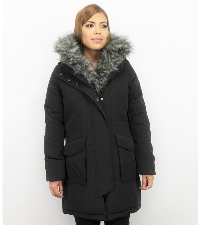 Macleria Kunstfell Jacke - Winterjacke mit Fell - Winterjacke Damen - Schwarzer parka -Schwarz