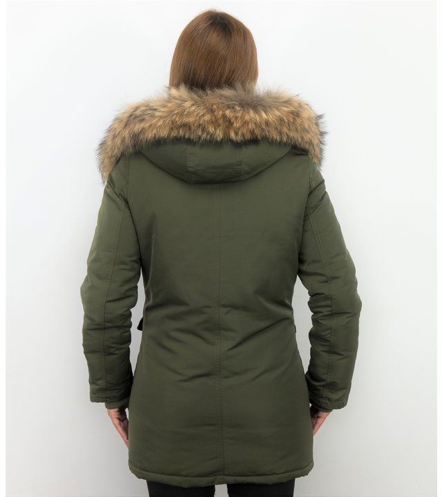 Macleria Jacken mit Fellkragen - Winterjacken Damen Lange - Parka - Khaki