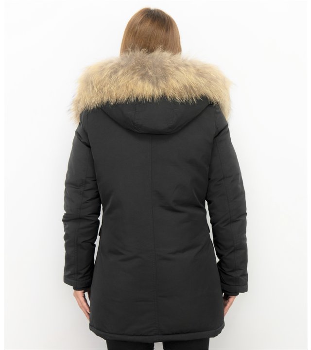 Macleria Jacke mit Fellkragen - Winterjacke Damen Lang - Parka - Schwarz