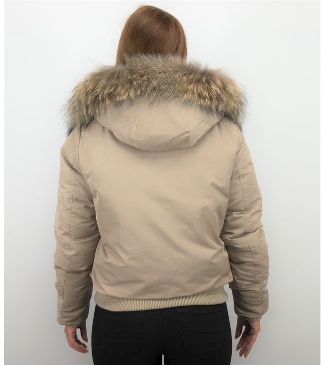 Macleria Jacken mit Fellkragen - Winterjacken Damen Kurz - Beige