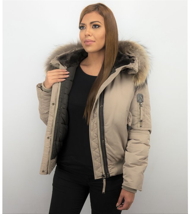 Macleria Jacken mit Fellkragen - Winterjacken Damen Kurz - Beige