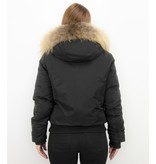 Macleria Jacke mit Fellkragen - Winterjacke Damen Kurz - Schwarz