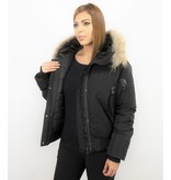 Macleria Jacke mit Fellkragen - Winterjacke Damen Kurz - Schwarz