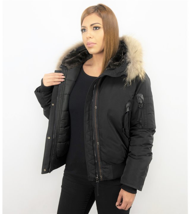 Macleria Jacke mit Fellkragen - Winterjacke Damen Kurz - Schwarz