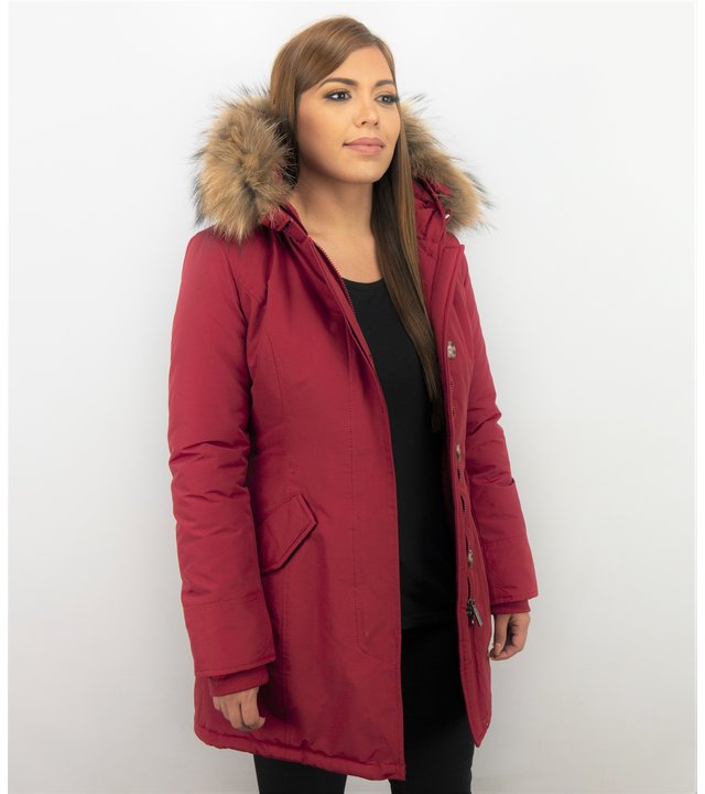 TheBrand Jacke mit Fellkragen - Winterjacke Damen - Parka Taschen - Rot