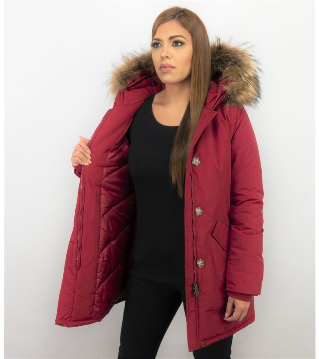 TheBrand Jacke mit Fellkragen - Winterjacke Damen - Parka Taschen - Rot