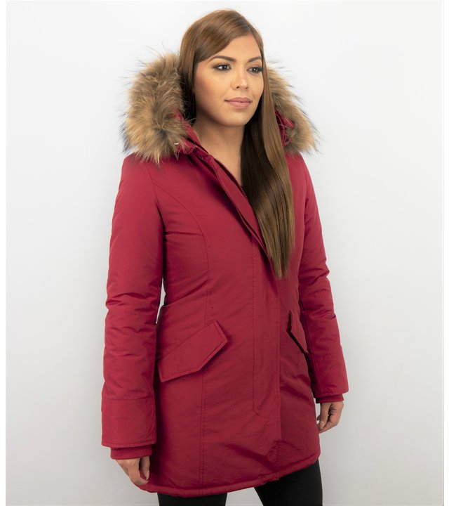 TheBrand Jacke mit Fellkragen - Winterjacke Damen - Parka Taschen - Rot