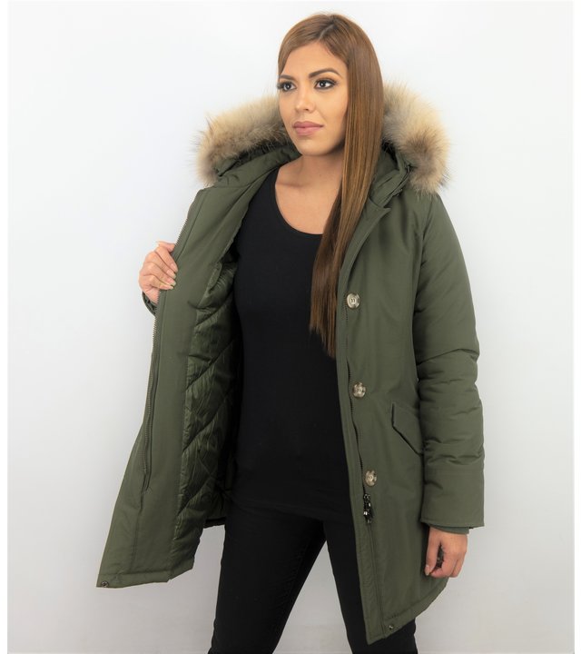 TheBrand Winterjacke Damen - Parka Lang mit Fellkragen- Khaki