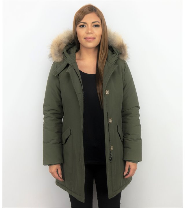 TheBrand Winterjacke Damen - Parka Lang mit Fellkragen- Khaki