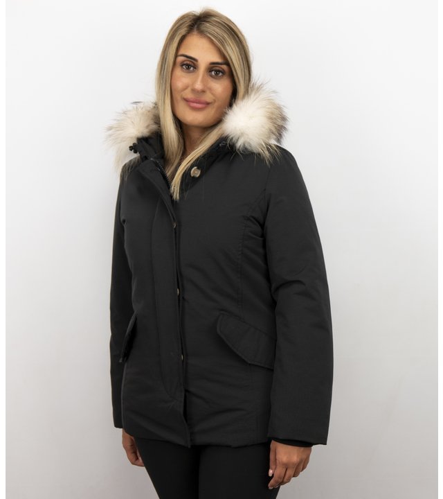 Matogla Jacke mit Fellkragen - Winterjacke Damen Kurz - Schwarz