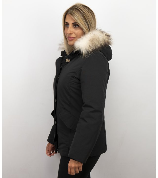 Matogla Jacke mit Fellkragen - Winterjacke Damen Kurz - Schwarz