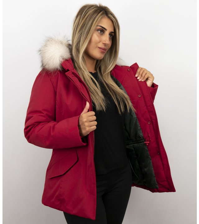 Matogla Jacken mit Fellkragen - Winterjacken Damen Wooly Kurz - Rot