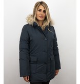 Beluomo Jacken mit Fellkragen - Winterjacken Damen Lange - Parka Wooly - Paspeltasche - Blau