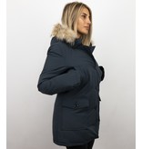 Beluomo Jacken mit Fellkragen - Winterjacken Damen Lange - Parka Wooly - Paspeltasche - Blau