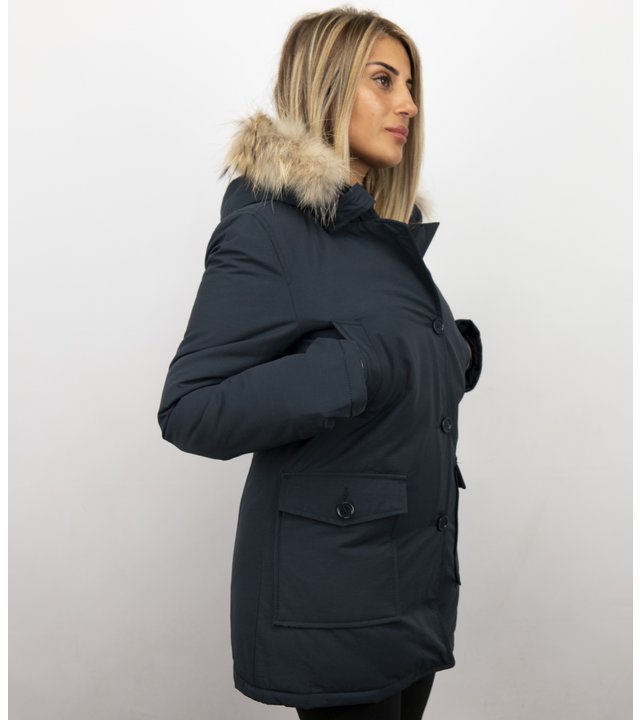 Beluomo Jacken mit Fellkragen - Winterjacken Damen Lange - Parka Wooly - Paspeltasche - Blau