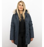 Beluomo Jacken mit Fellkragen - Winterjacken Damen Lange - Parka Wooly - Paspeltasche - Blau