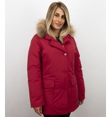 Beluomo Jacken mit Fellkragen - Winterjacken Damen Lange - Parka Wooly - Paspeltasche - Rot