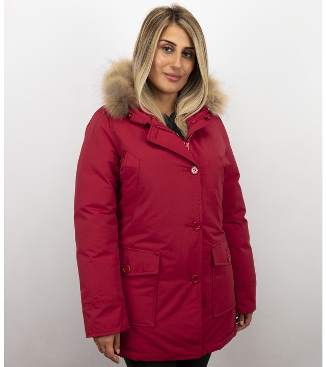 Beluomo Jacken mit Fellkragen - Winterjacken Damen Lange - Parka Wooly - Paspeltasche - Rot