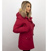 Beluomo Jacken mit Fellkragen - Winterjacken Damen Lange - Parka Wooly - Paspeltasche - Rot