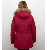 Beluomo Jacken mit Fellkragen - Winterjacken Damen Lange - Parka Wooly - Paspeltasche - Rot