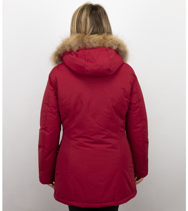 Beluomo Jacken mit Fellkragen - Winterjacken Damen Lange - Parka Wooly - Paspeltasche - Rot