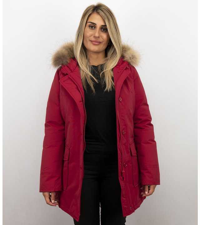 Beluomo Jacken mit Fellkragen - Winterjacken Damen Lange - Parka Wooly - Paspeltasche - Rot