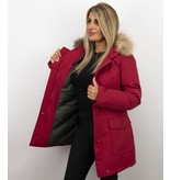 Beluomo Jacken mit Fellkragen - Winterjacken Damen Lange - Parka Wooly - Paspeltasche - Rot