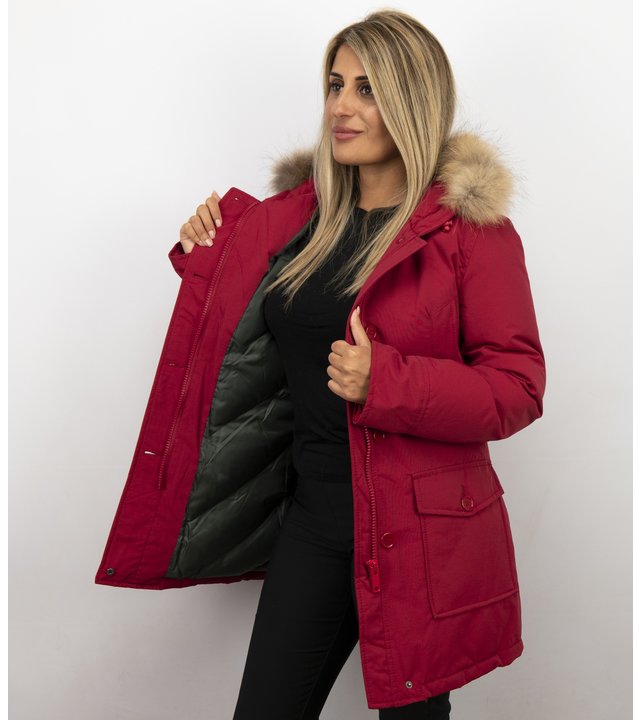 Beluomo Jacken mit Fellkragen - Winterjacken Damen Lange - Parka Wooly - Paspeltasche - Rot