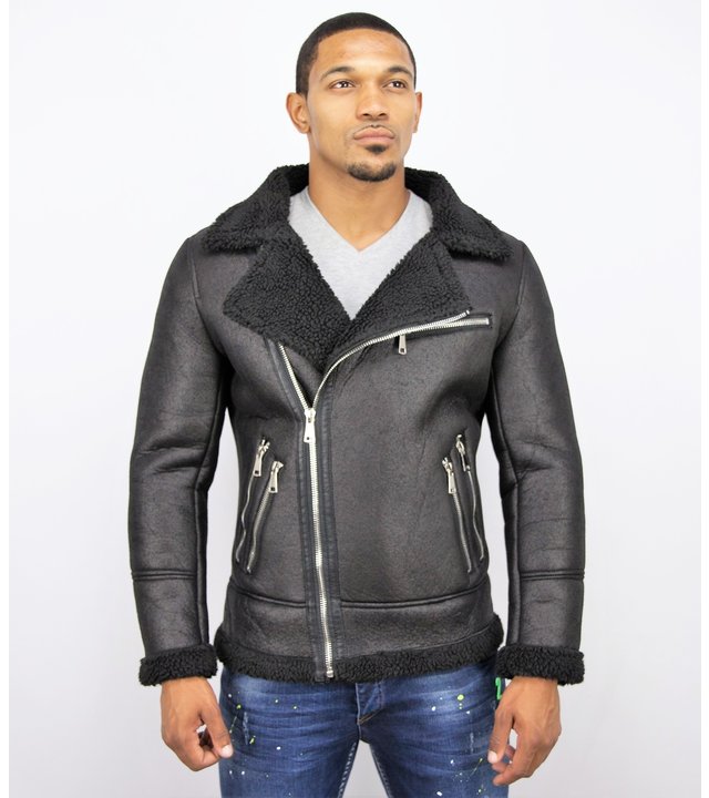 Frilivin Shearling Jacket- Lammfell Lederjacke Herren - Kunstpelz - Schwarz