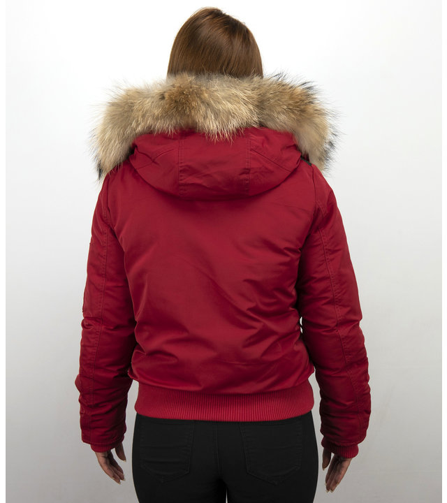 Macleria Winterjacke mit fell Damen - Kurze Jacke - Rot