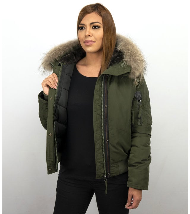 Macleria Winterjacken mit Fellkapuze Damen - Kurze Jacke - Grün