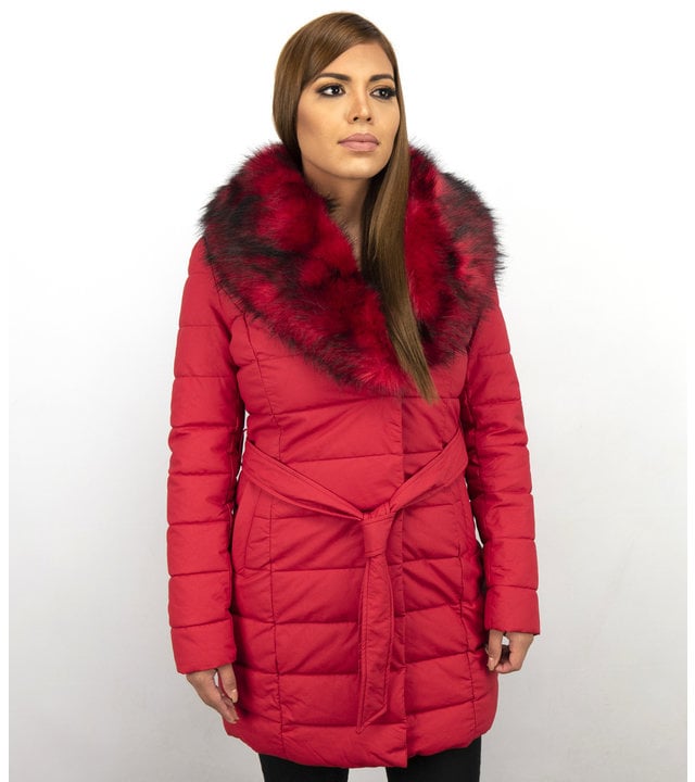 Macleria Lange Winterjacke Damen mit Kunstpelzkragen - Rot